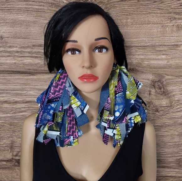 New Handcrafted tassel earrings made from African Print and Denim fabric. - Picture 4 of 5